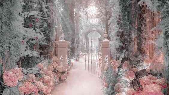 A picture of a path leading through a gate with trees and flowers all around.