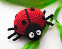 Handmade knitted toy. Amigurumi ladybug toy on green leaves on white background. Crochet stuffed animals