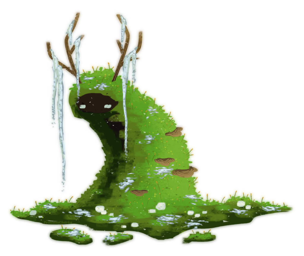 Example picture of my digital art and design. The character is a dark, hunched over forest creature with antlers, its body covered in moss, mushrooms, and lichen. The piece is lineless, and moderately detailed.